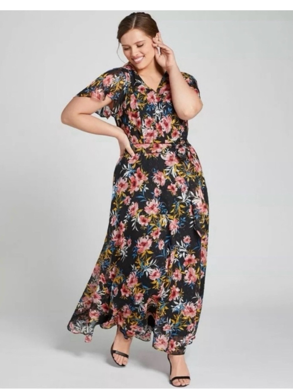 Lane Bryant Black Maxi Dress with Pink Floral Print